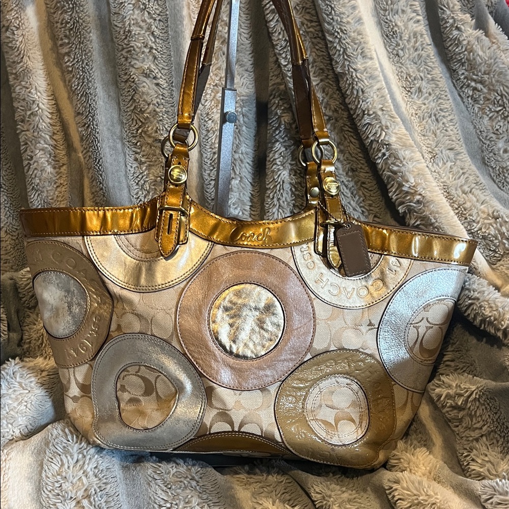 Coach Gold and Beige Circle Shoulder Tote